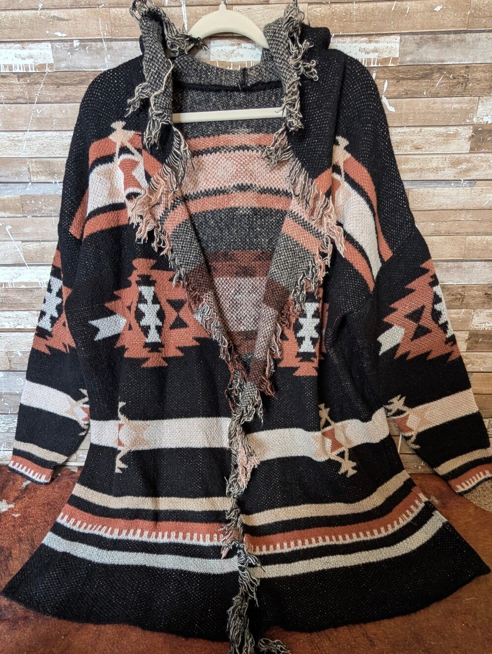 New Unbranded Boho Southwestern Aztec Black/Brown Hooded Sweater W Fringe
